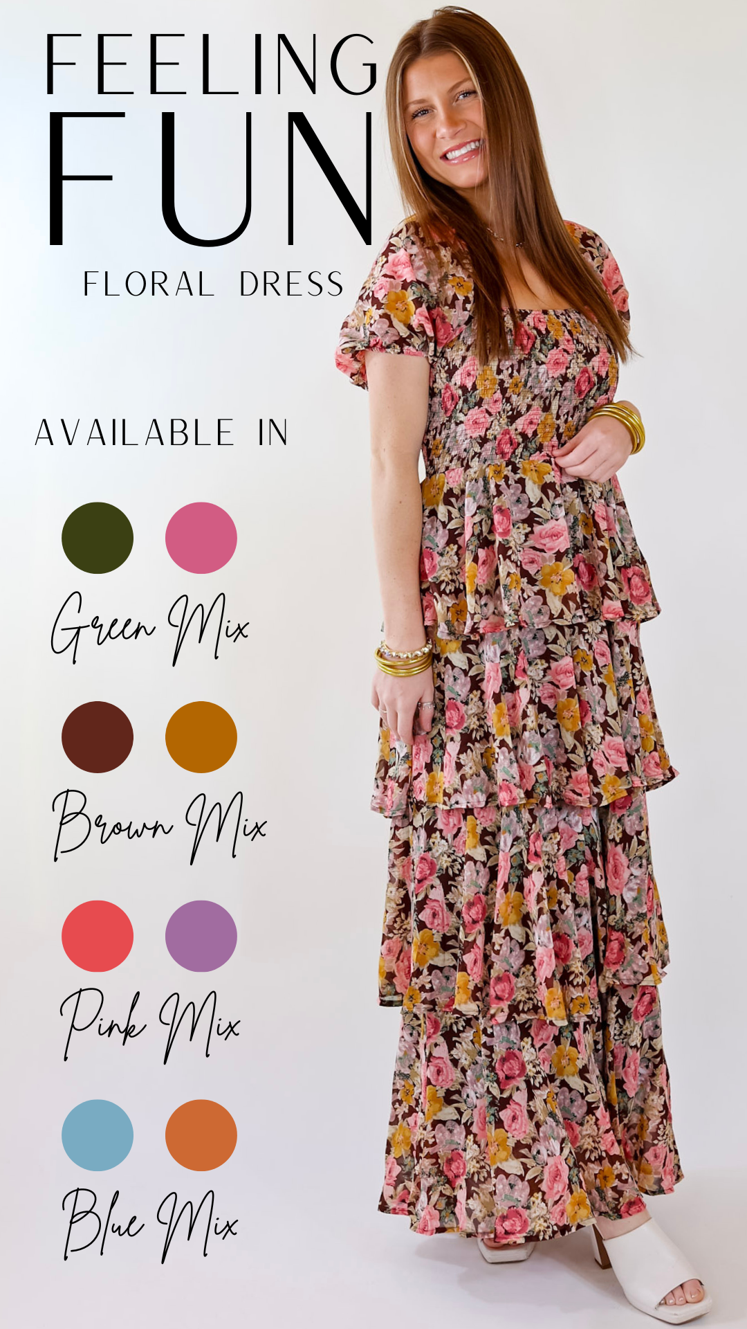 Fun Feeling Floral Tiered Maxi Dress with Smocked Balloon Sleeves in Brown Mix