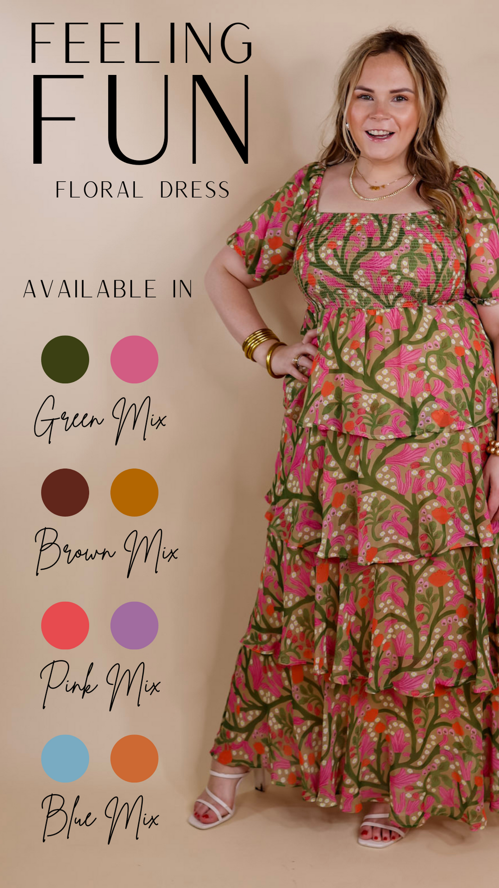Fun Feeling Floral Tiered Maxi Dress with Smocked Balloon Sleeves in Green Mix - Giddy Up Glamour Boutique