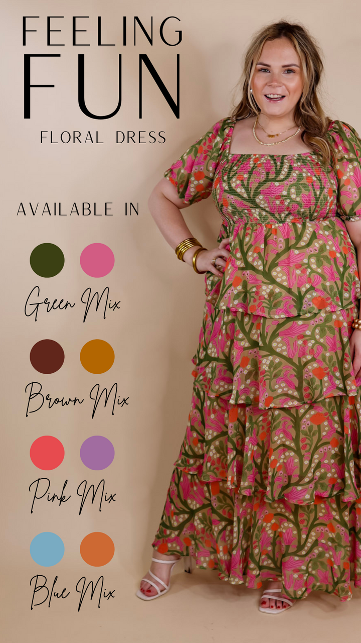 Fun Feeling Floral Tiered Maxi Dress with Smocked Balloon Sleeves in Green Mix - Giddy Up Glamour Boutique