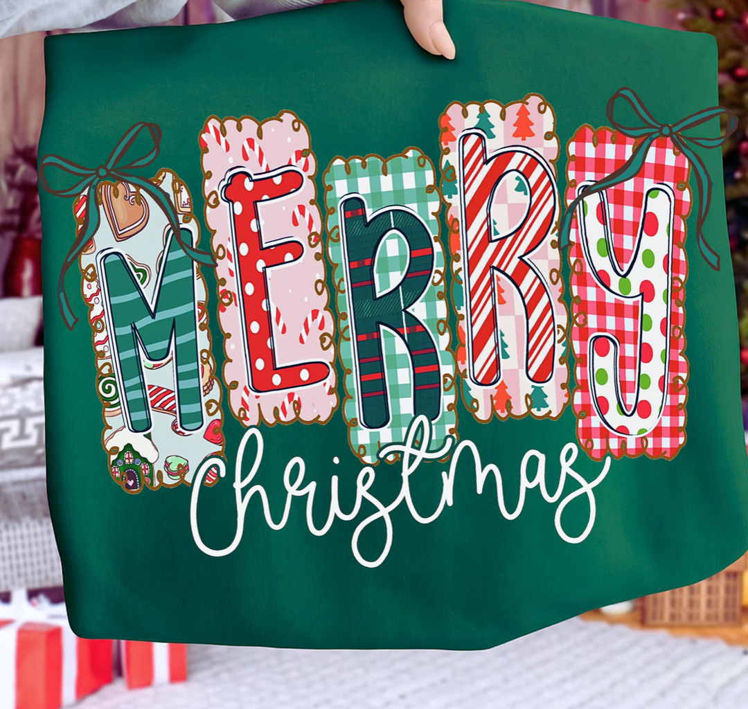 Custom Made to Order | Merry Christmas Stamp Graphic Tee or Sweatshirt in Multiple Printing Options on Forest Green