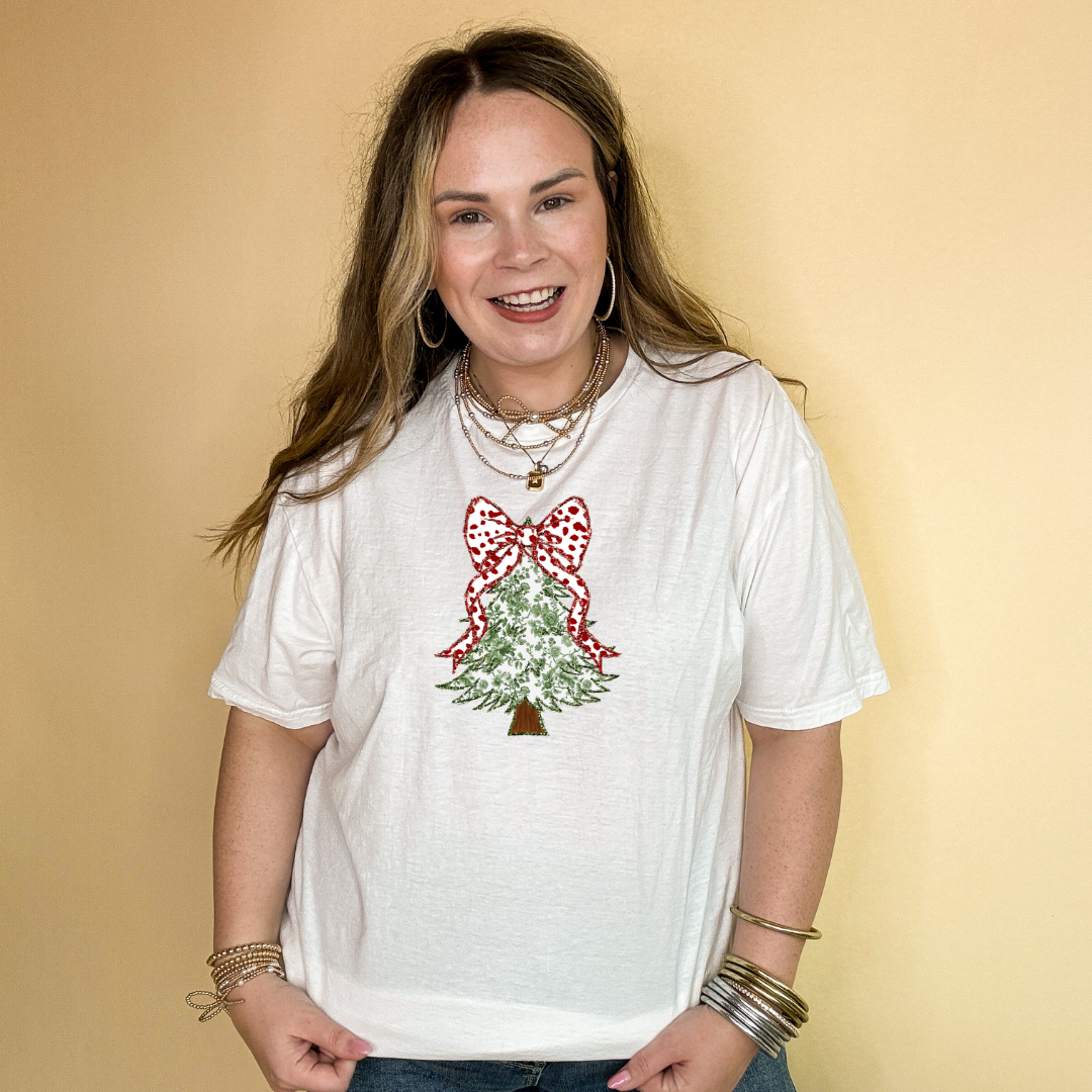 Online Exclusive | Floral Christmas Tree with Red Polka Dot Bow Graphic Tee in Multiple Color Options