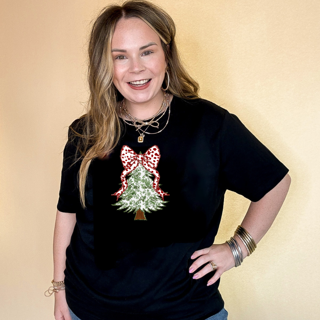 Online Exclusive | Floral Christmas Tree with Red Polka Dot Bow Graphic Tee in Multiple Color Options