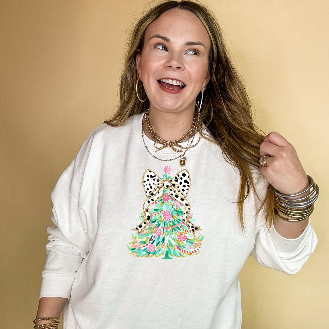 Online Exclusive | Holiday Floral Christmas Tree with Dalmatian Bow Graphic Sweatshirt in Multiple Color Options