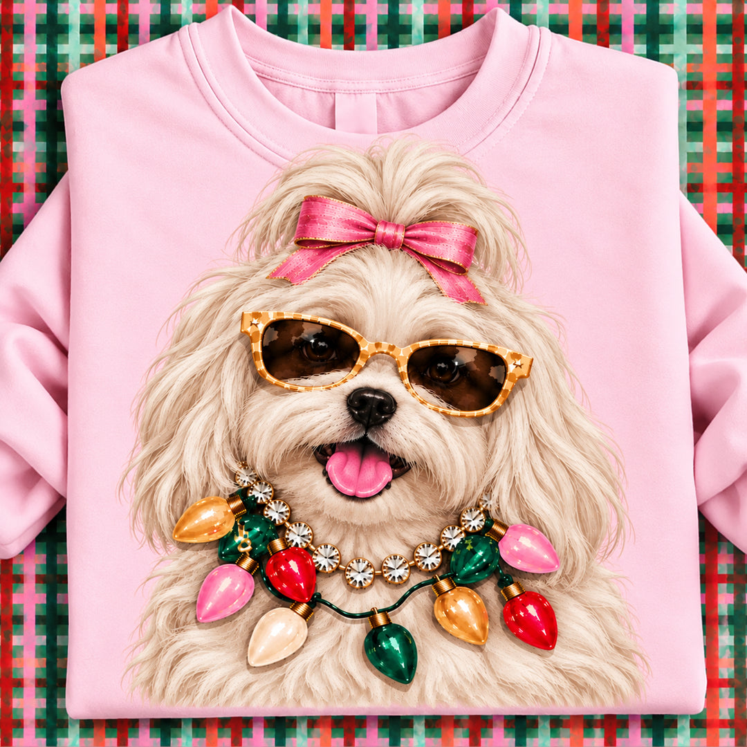 Custom Made to Order | Holiday Boujee Maltese Graphic Tee or Sweatshirt in Multiple Printing Options on White or Light Pink