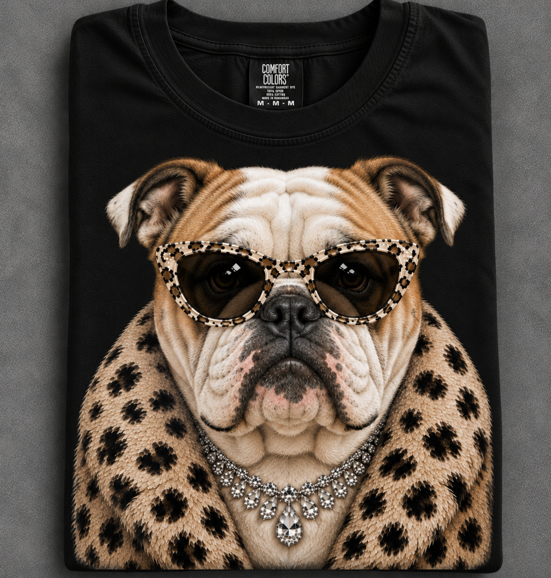 Custom Made to Order | Fur Coat Energy Bulldog Faux Jewelry Printed Graphic Design Tee or Sweatshirt in Multiple Printing Options on Black