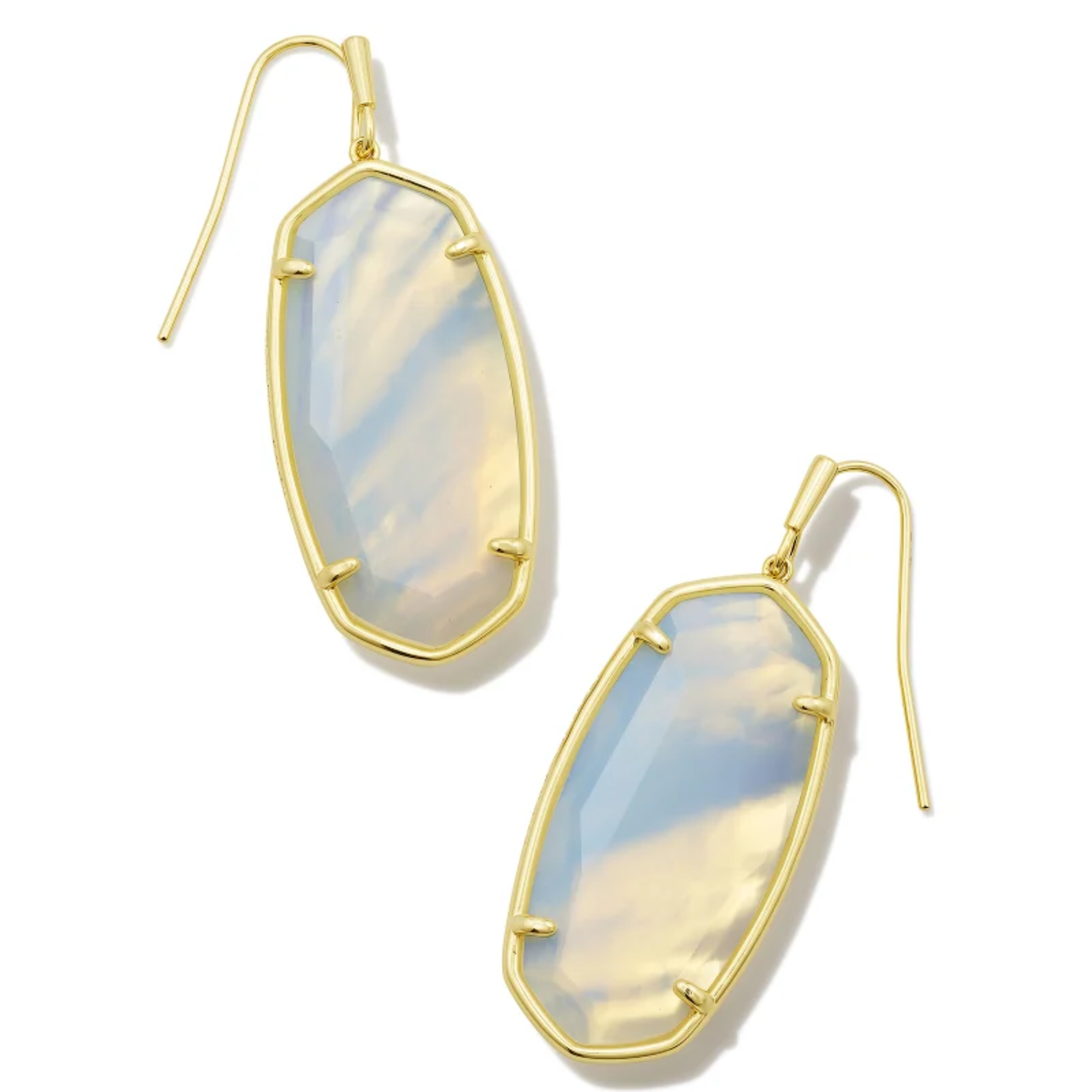 These Faceted Elle Gold Drop Earrings in Iridescent Opalite Illusion by Kendra Scott are pictured on a white background.