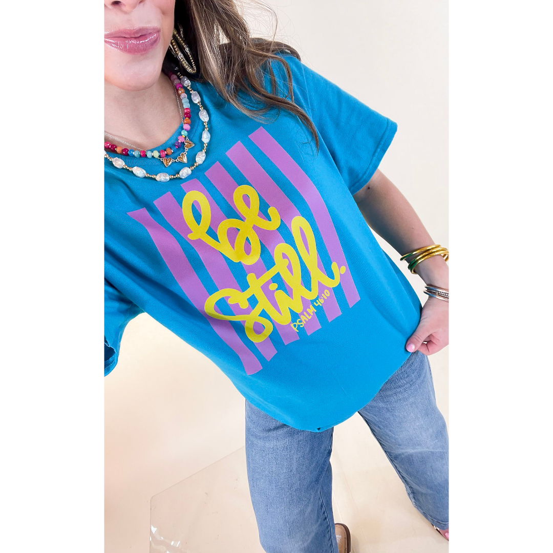 Faithfully Still "Be Still" Psalm 46:10 Stripe Print Short Sleeve Graphic Tee in Turquoise Blue