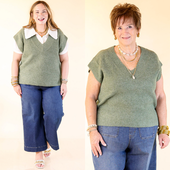 Two women wearing olive green sleeveless top and blue jeans against a plain background