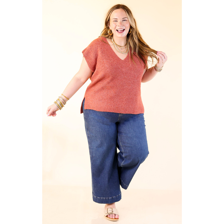 Fall For You Textured V-Neck Oversized Knit Sweater Vest Top in Rust Orange