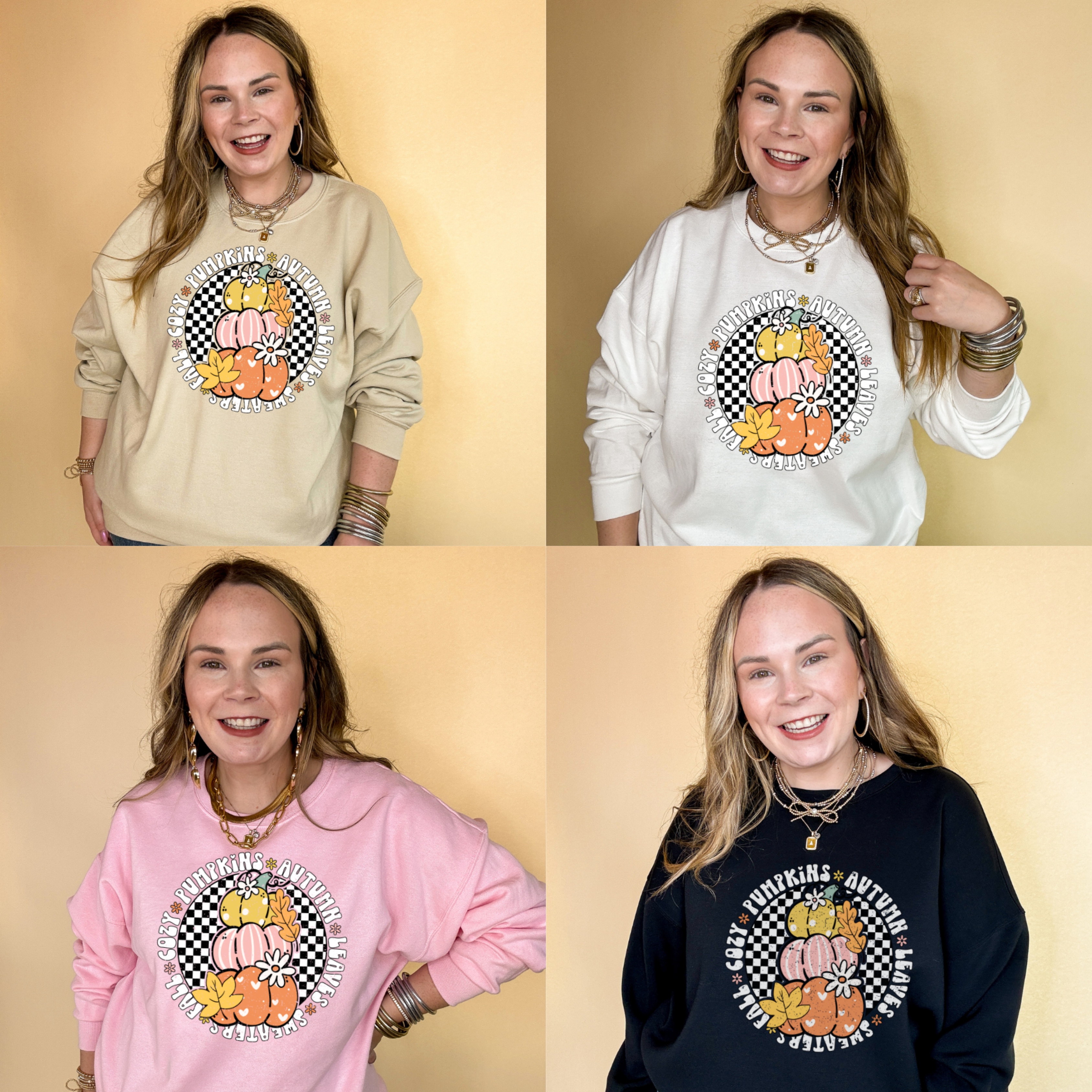 Online Exclusive | Fall Illustrations Graphic Sweatshirt with Three Pumpkins on a Checkered background in Multiple Color Options