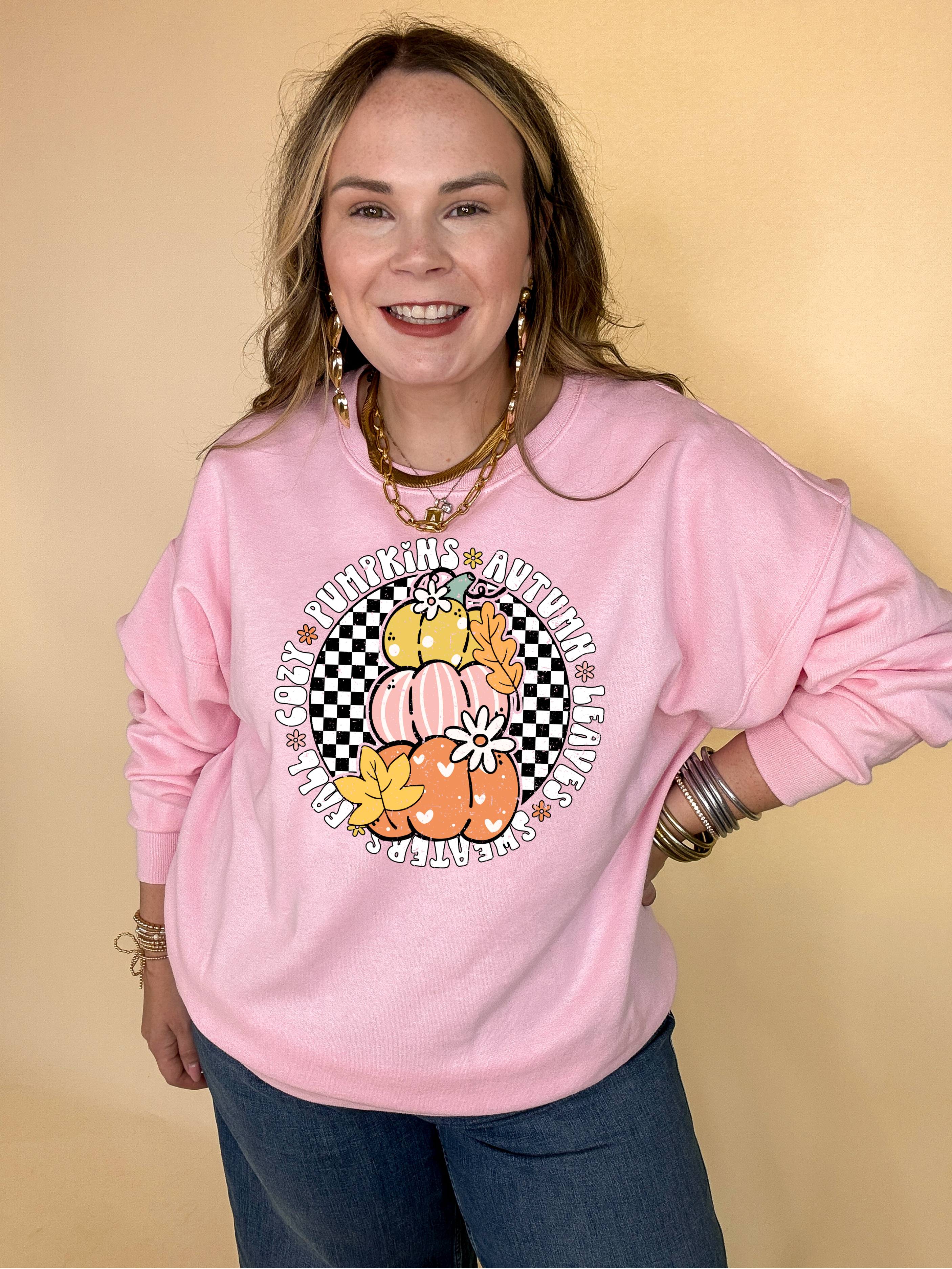 Online Exclusive | Fall Illustrations Graphic Sweatshirt with Three Pumpkins on a Checkered background in Multiple Color Options