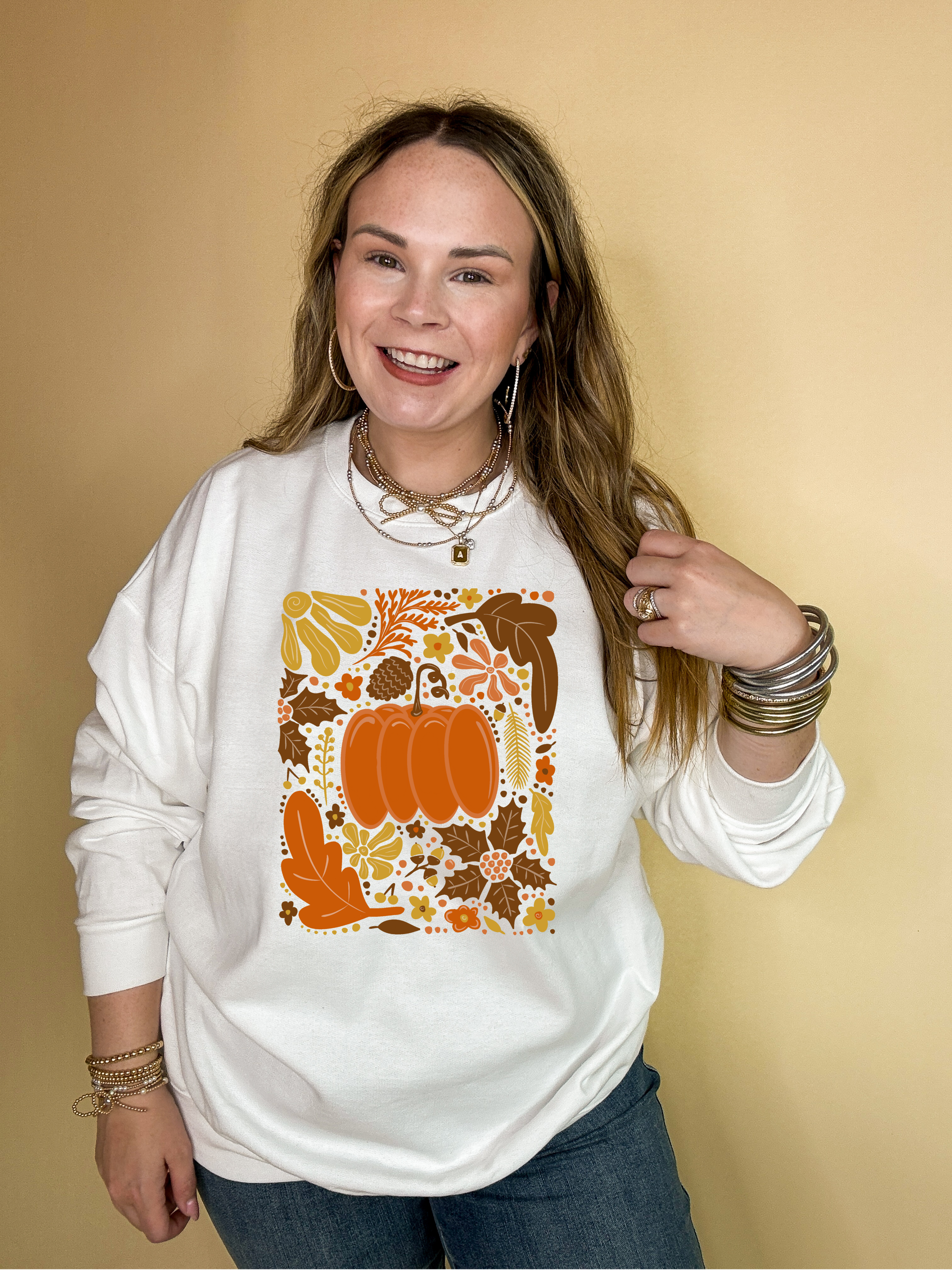 Online Exclusive | Fall Mania Graphic Sweatshirt with Hand drawn Pumpkin and leaves in Multiple Color Options