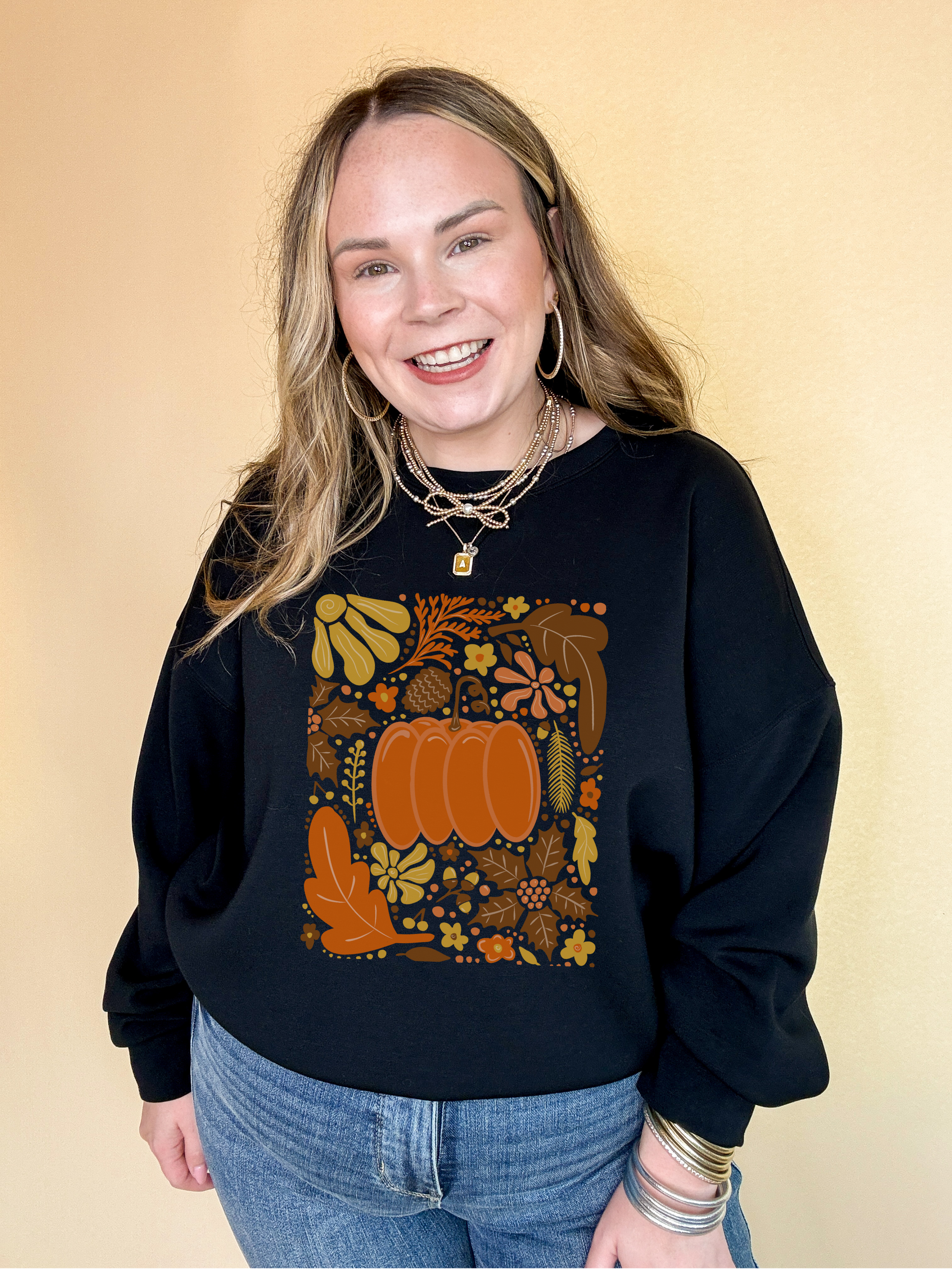 Online Exclusive | Fall Mania Graphic Sweatshirt with Hand drawn Pumpkin and leaves in Multiple Color Options