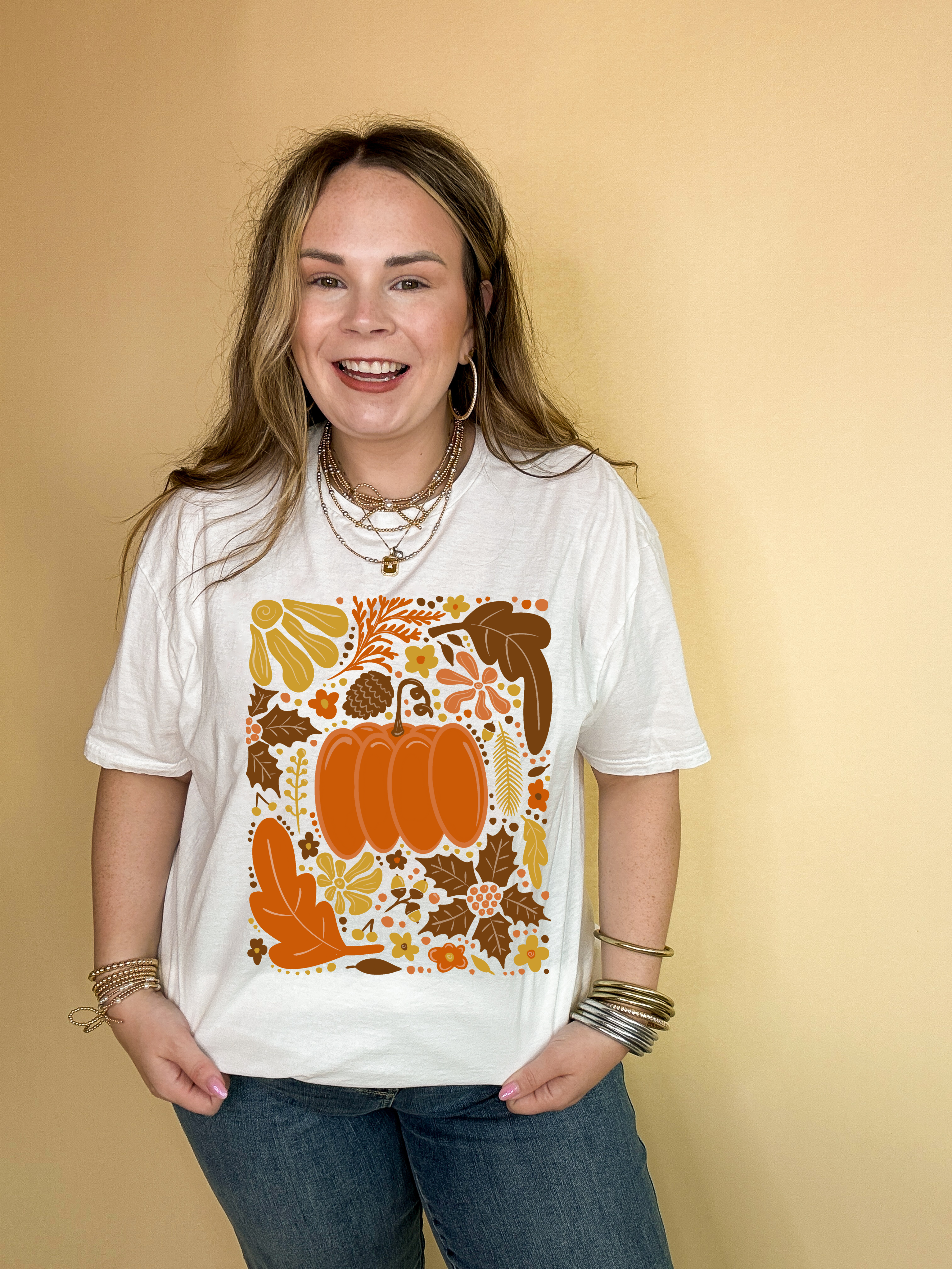 Online Exclusive | Fall Mania Graphic Tee with Hand drawn Pumpkin and leaves in Multiple Color Options