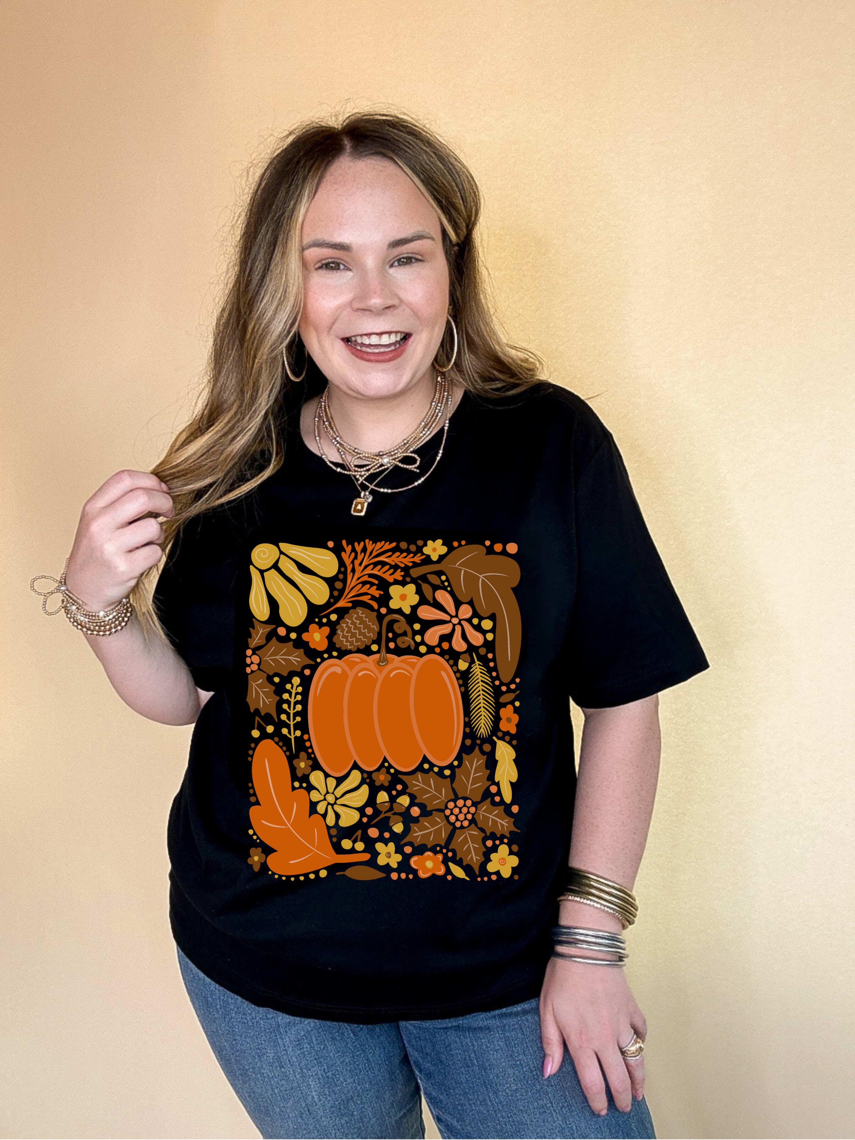 Online Exclusive | Fall Mania Graphic Tee with Hand drawn Pumpkin and leaves in Multiple Color Options