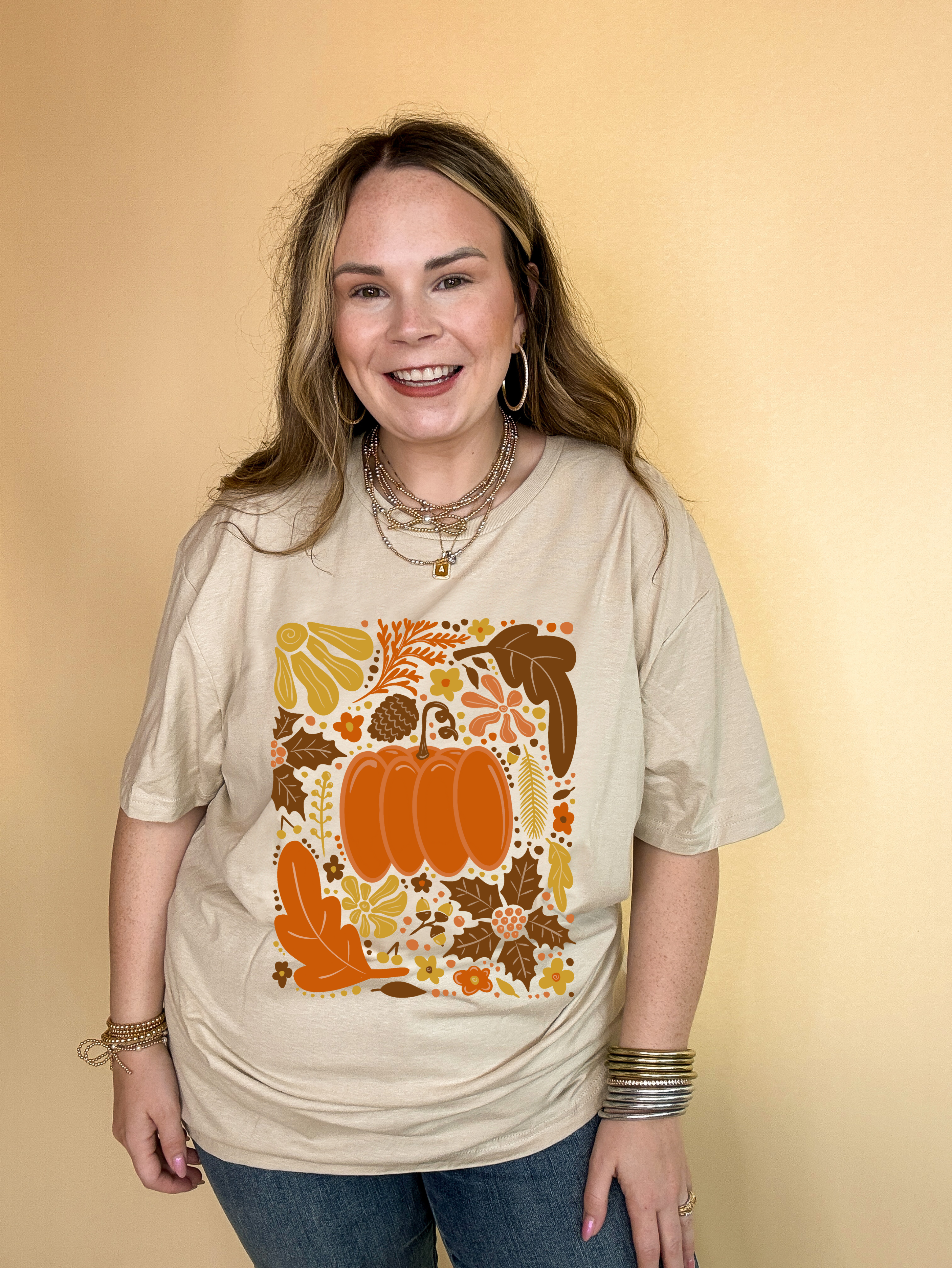 Online Exclusive | Fall Mania Graphic Tee with Hand drawn Pumpkin and leaves in Multiple Color Options