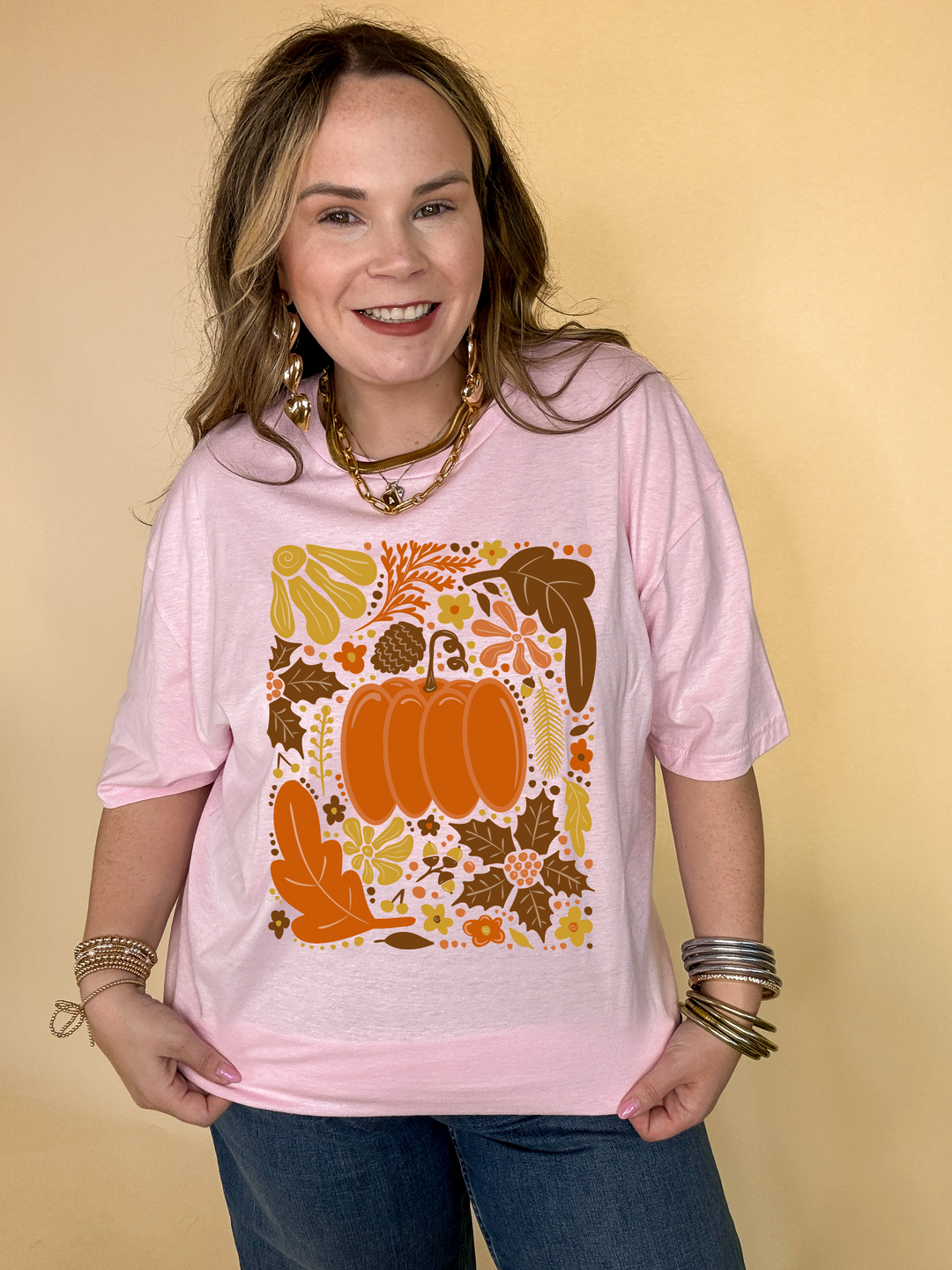 Online Exclusive | Fall Mania Graphic Tee with Hand drawn Pumpkin and leaves in Multiple Color Options
