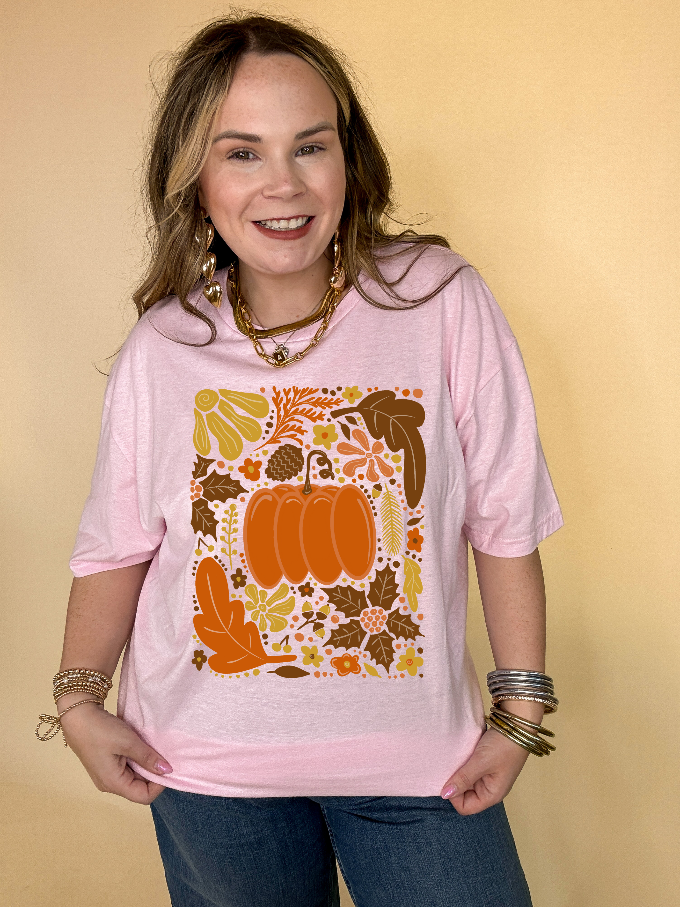 Online Exclusive | Fall Mania Graphic Tee with Hand drawn Pumpkin and leaves in Multiple Color Options