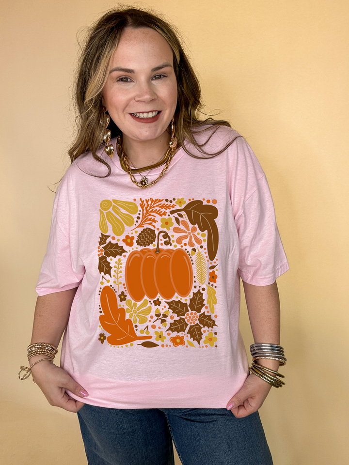 Online Exclusive | Fall Mania Graphic Tee with Hand drawn Pumpkin and leaves in Multiple Color Options