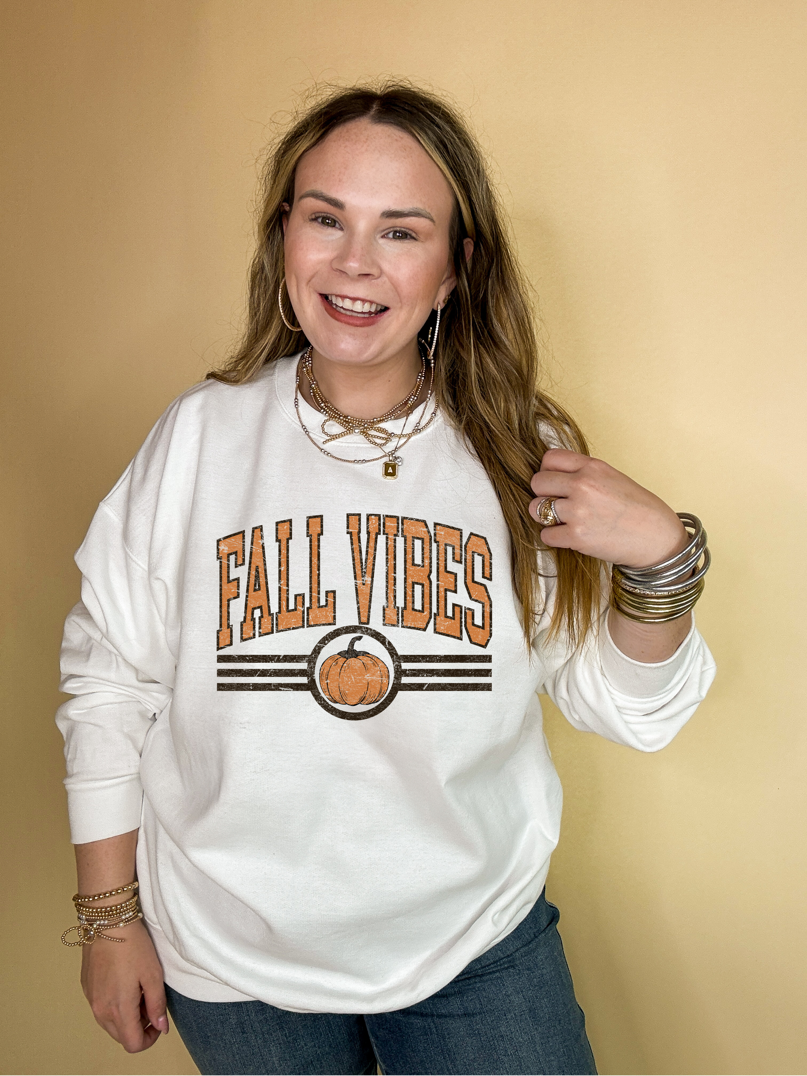 Online Exclusive | Fall Vibes Featuring Orange Pumpkin Graphic Sweatshirt in Multiple Color Options