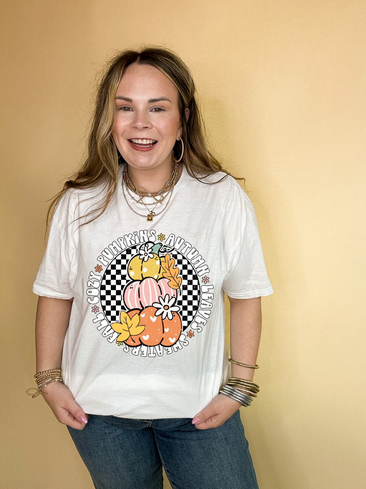 Online Exclusive | Fall Illustrations Graphic Tee with Three Pumpkins on a Checkered background in Multiple Color Options