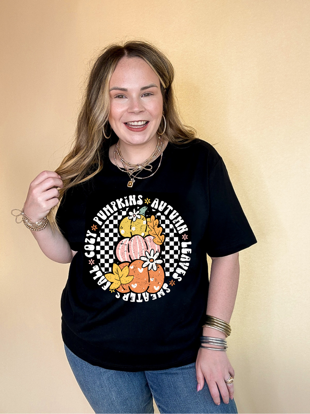 Online Exclusive | Fall Illustrations Graphic Tee with Three Pumpkins on a Checkered background in Multiple Color Options