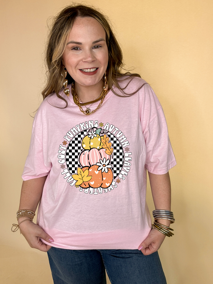 Online Exclusive | Fall Illustrations Graphic Tee with Three Pumpkins on a Checkered background in Multiple Color Options
