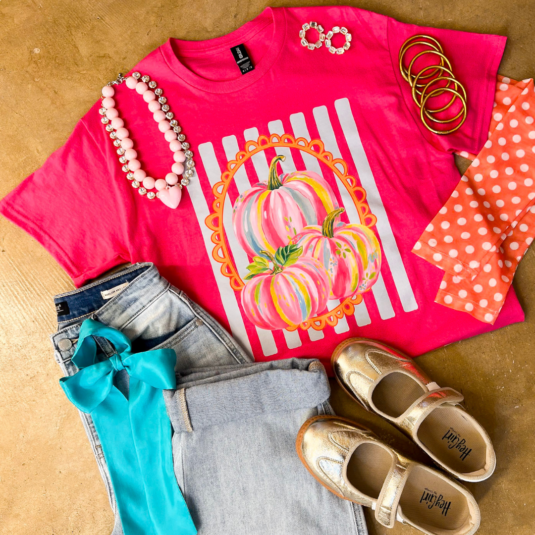 Fall in Full Color Stripe Watercolor Pumpkin Fall Graphic Tee in Hot Pink