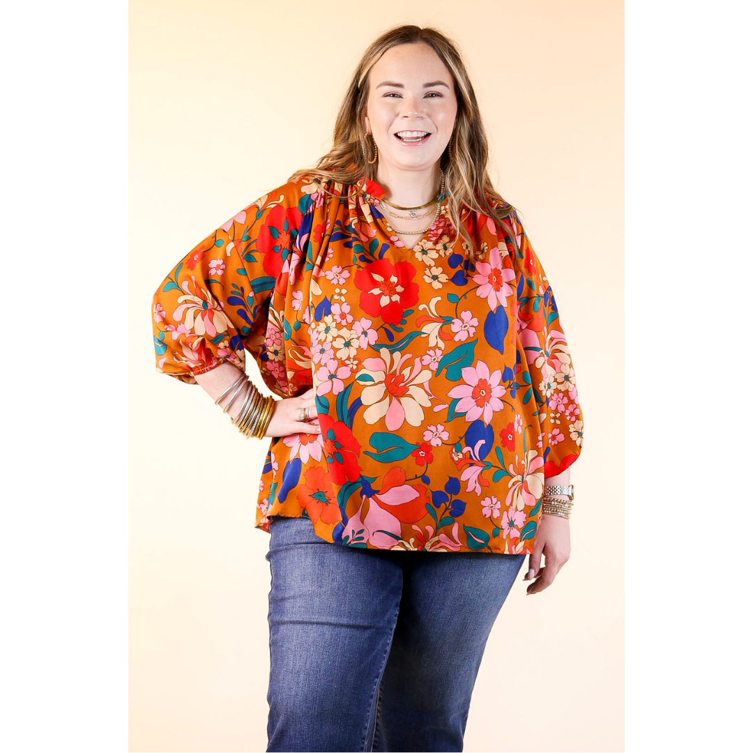 Falling For Floral 3/4 Sleeve Top with Notched Neck in Camel Brown