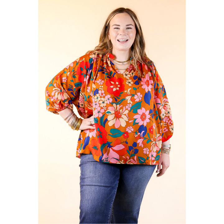 Falling For Floral 3/4 Sleeve Top with Notched Neck in Camel Brown
