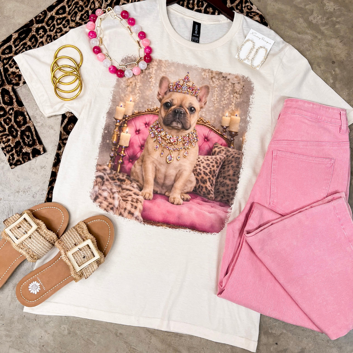 Fancy Francine the French Bulldog Printed Short Sleeve Graphic Tee with Crystals in Cream