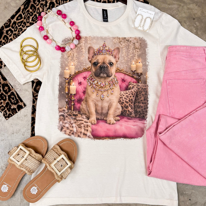 Fancy Francine the French Bulldog Printed Short Sleeve Graphic Tee with Crystals in Cream