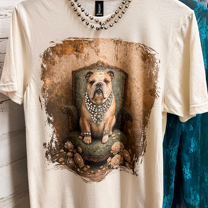 Fancy Francine the Glam French Bulldog Printed Short Sleeve Graphic Tee with Crystals in Cream