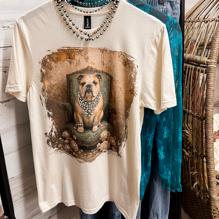 Fancy Francine the Glam French Bulldog Printed Short Sleeve Graphic Tee with Crystals in Cream