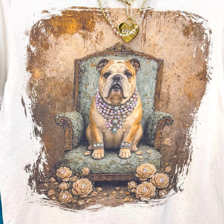 Lady Francine the British Bulldog Printed Short Sleeve Graphic Tee with Crystals in Cream