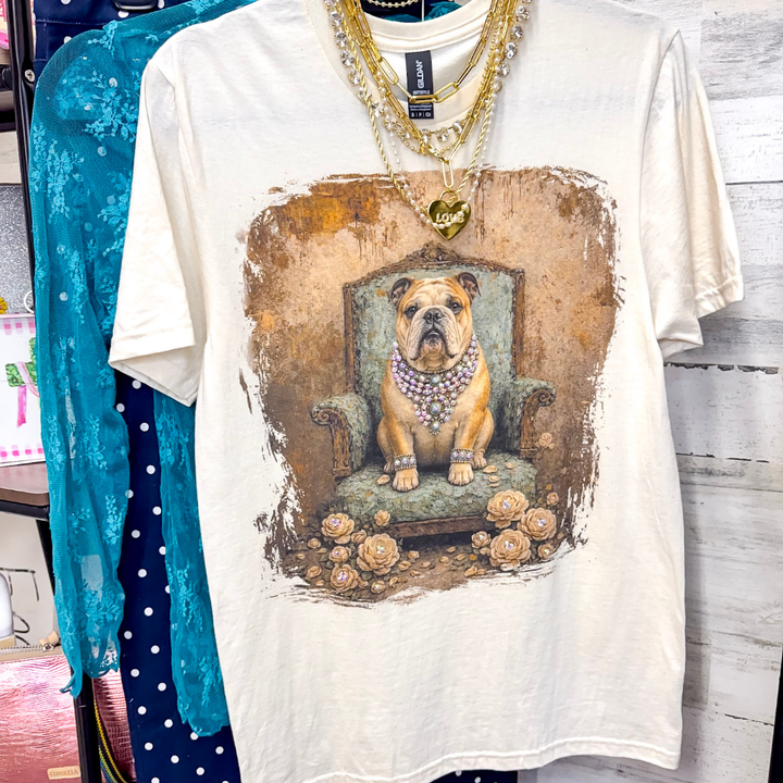 Lady Francine the British Bulldog Printed Short Sleeve Graphic Tee with Crystals in Cream