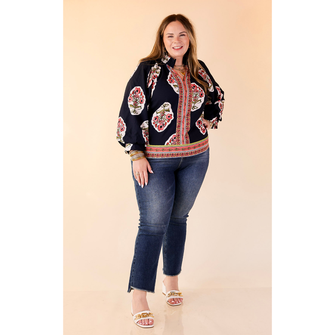 Farmer's Market Flair Floral Print V Neck Blouse with Long Balloon Sleeves in Navy
