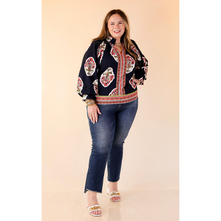 Farmer's Market Flair Floral Print V Neck Blouse with Long Balloon Sleeves in Navy