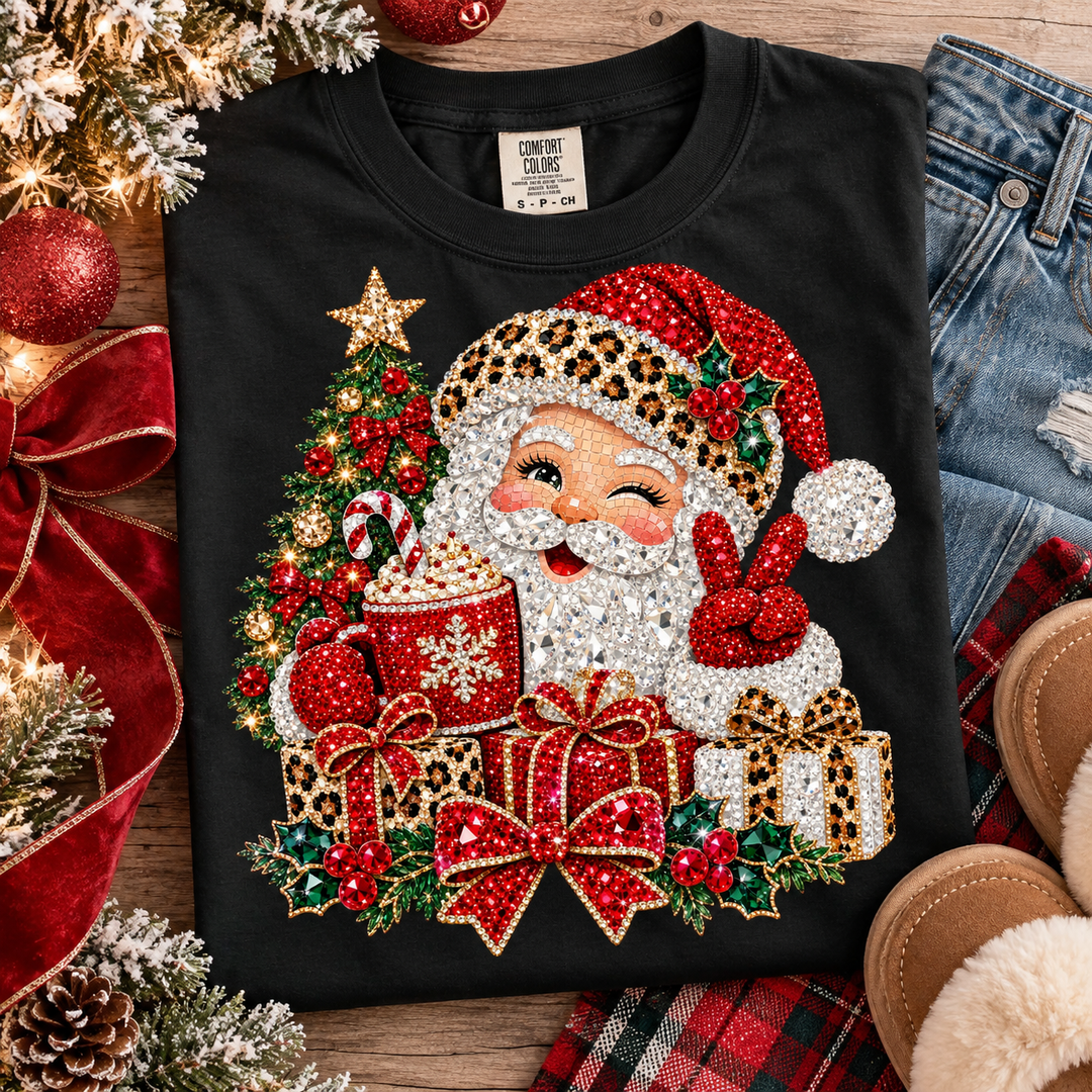 Faux Glittery Santa Present Christmas graphic tee or sweatshirt on black with a sparkly Santa with a leopard hat, cocoa mug and wrapped presents
