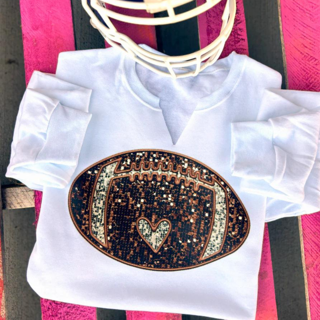 Online Exclusive | Faux Sequin Football V Cut Graphic Sweatshirt in White