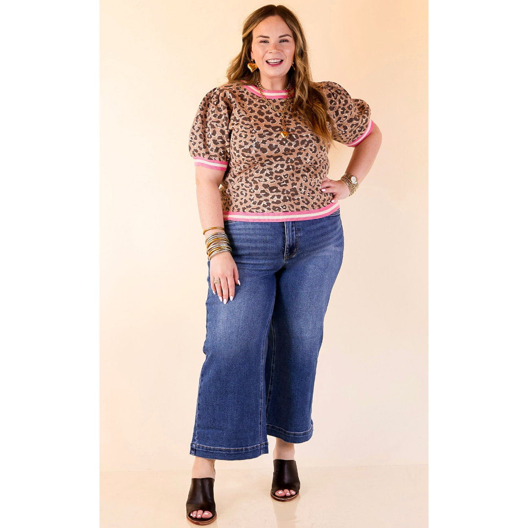 Feline Fine Leopard Print Short Sleeve Sweater with Contrast Trim in Pink