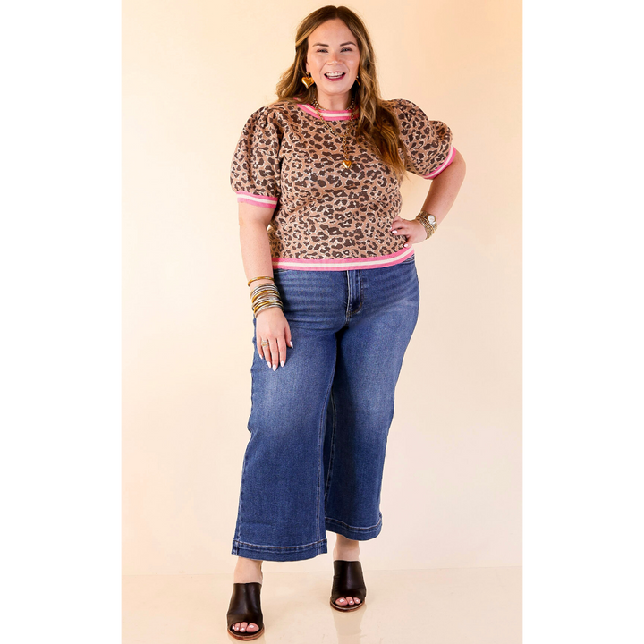 Feline Fine Leopard Print Short Sleeve Sweater with Contrast Trim in Pink