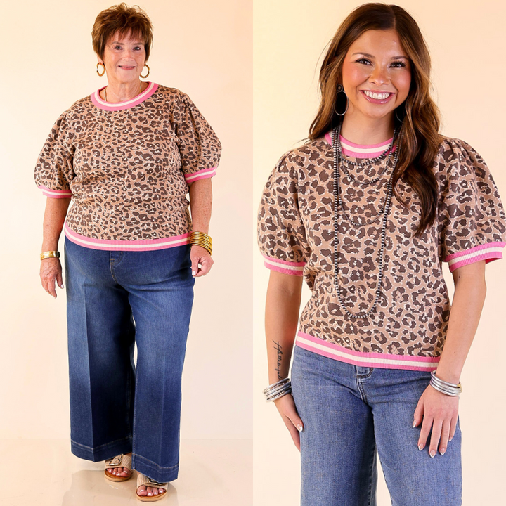 Feline Fine Leopard Print Short Sleeve Sweater with Contrast Trim in Pink