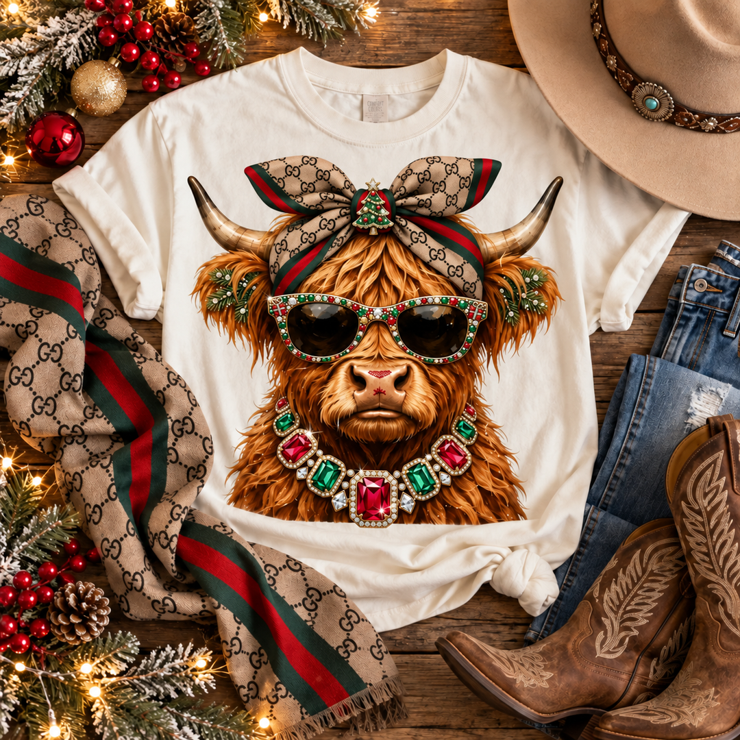Festive Highland Boujee Christmas graphic tee or sweatshirt on white with a highland cow in sunglasses with a patterned head bow and jeweled necklace