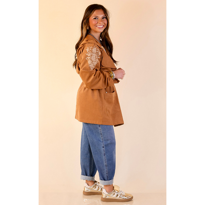 Fill Up Your Cup Embroidered Suede Utility Jacket in Tan