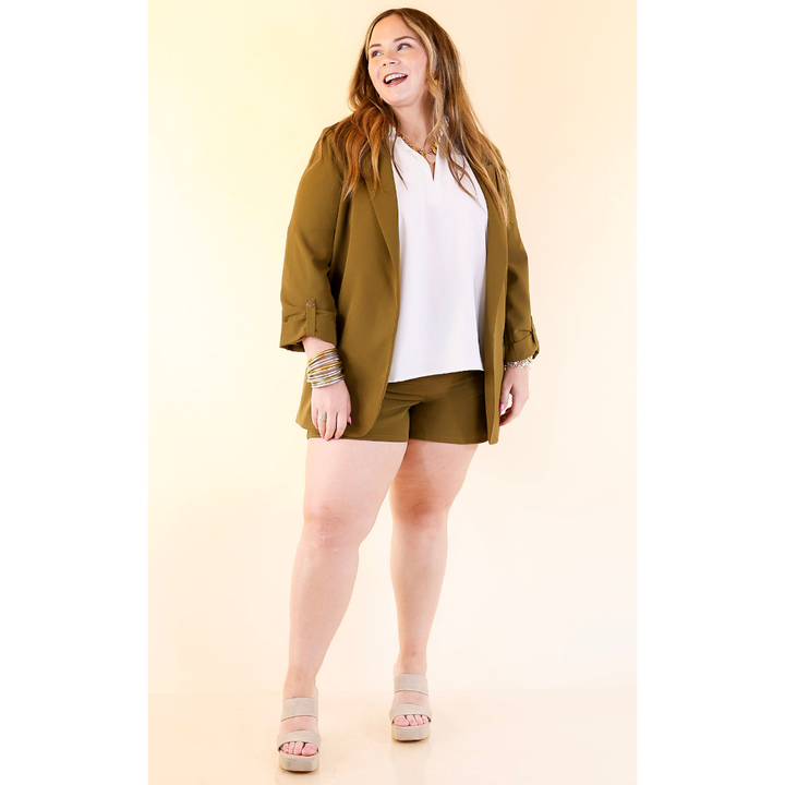 Fine Like Wine Belted Solid Shorts in Olive Green