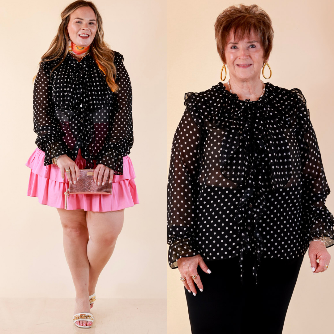 Finer Things Long Sleeve Sheer Ruffle Polka Dot Print Blouse with Balloon Sleeves in Black with White Dots