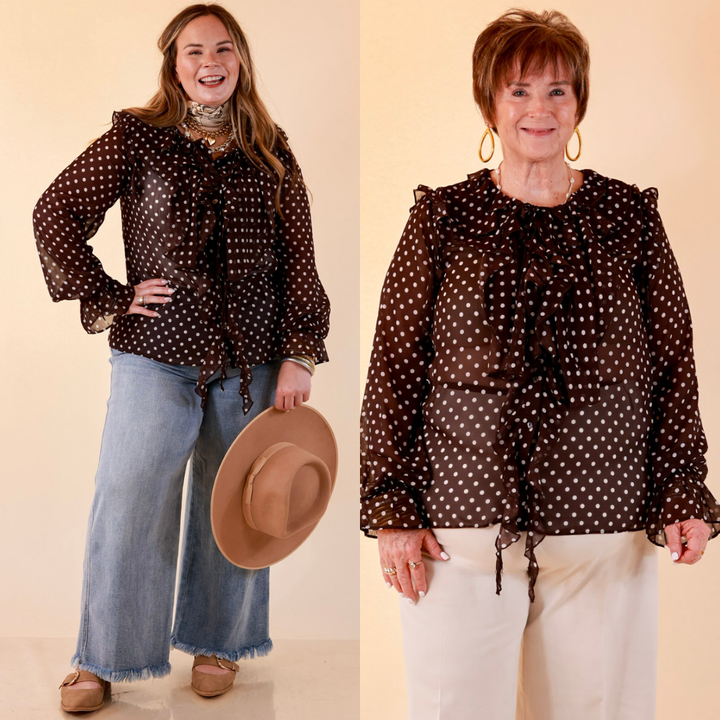 Finer Things Long Sleeve Sheer Ruffle Polka Dot Print Blouse with Balloon Sleeves in Chocolate Brown with White Dots