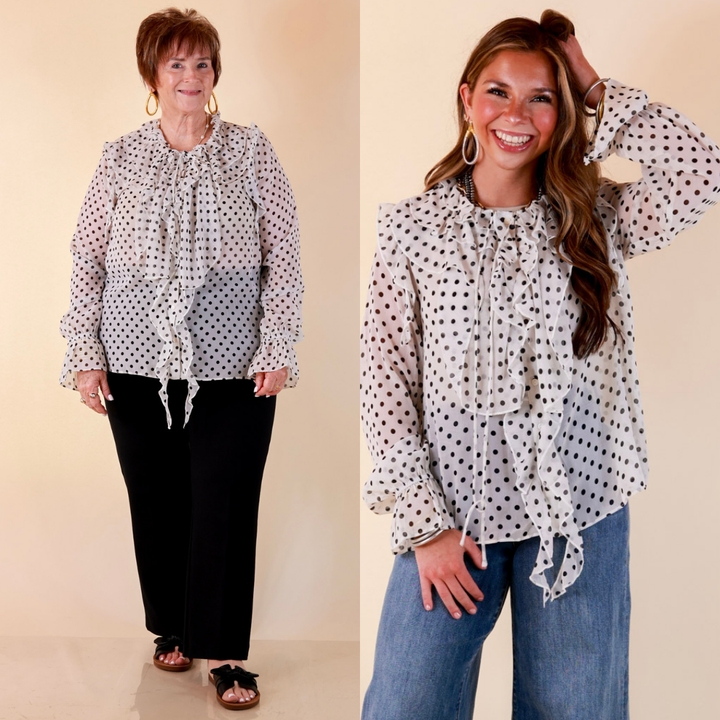Finer Things Long Sleeve Sheer Ruffle Polka Dot Print Blouse with Balloon Sleeves in White with Black Dots
