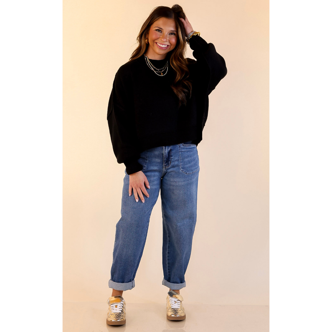 Fireside Fit Cropped Long Sleeve Mock Neck Sweater in Black